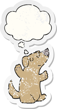 Düşünce baloncuğu olan çizgi film köpeği insan tarafından çizilmiş yıpranmış bir çıkartma gibi.