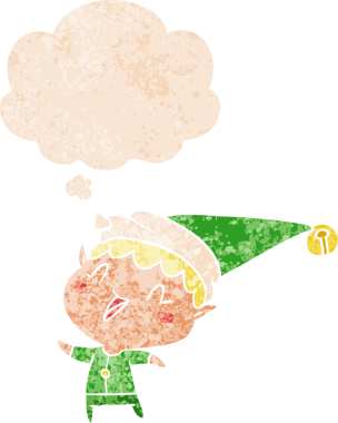 çizgi film mutlu noel elf 'i grunge içinde düşünce baloncuğu sıkıntılı retro stili bir insan tarafından çizilmiş