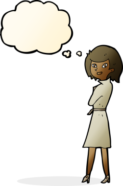 Bir insan tarafından çizilmiş düşünce balonlu trençkotlu bir kadın.