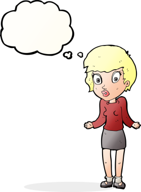 Bir insan tarafından çizilmiş düşünce baloncuğuyla omuz silken çizgi film kadını.