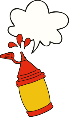 Bir insan tarafından çizilmiş konuşma baloncuklu ketçap şişesi.