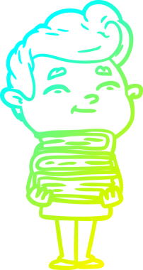 Bir insan tarafından çizilmiş kitap yığınıyla mutlu bir çizgi film adamı çizimi.