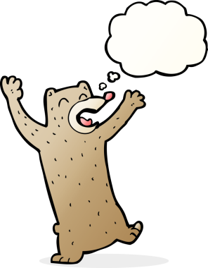 Bir insan tarafından çizilmiş düşünce baloncuklu çizgi film ayısı.