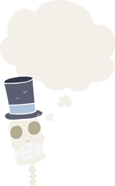 Düşünce baloncuğu olan, bir insan tarafından çizilmiş garip bir kafatası.