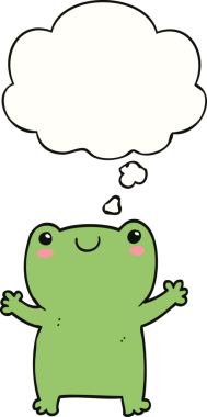 Bir insan tarafından çizilmiş düşünce baloncuklu şirin bir kurbağa.