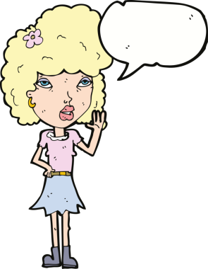 Bir insan tarafından çizilmiş bir konuşma balonuyla el sallayan çizgi film kadını.