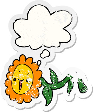 Düşünce baloncuğu olan karikatür çiçeği insan tarafından çizilmiş yıpranmış bir çıkartma gibi.