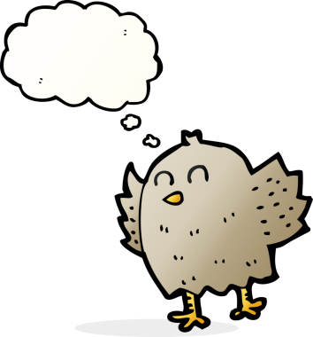 Bir insan tarafından çizilmiş düşünce baloncuklu çizgi film kuşu.