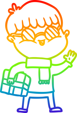 Gökkuşağı gradyan çizgi çizimi. Bir insan tarafından çizilmiş gözlük takan bir çocuk çizimi.