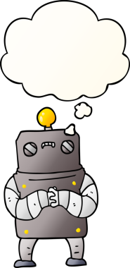 Bir insan tarafından çizilmiş, düşünce baloncuklu çizgi film robotu.