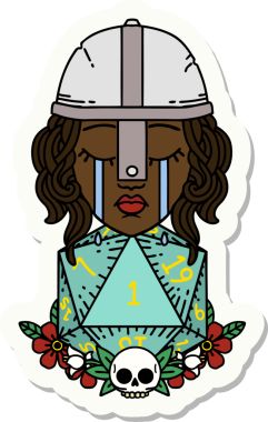 Ağlayan bir insan dövüşçüsünün çıkartması. Bir insan tarafından çizilmiş doğal bir D20 rulosu.