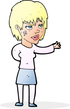 Bir insan tarafından çizilmiş yüzüne alçı yapıştırılmış çizgi film kadını.