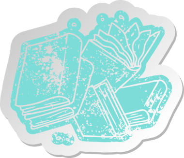 Bir insan tarafından çizilmiş kitap koleksiyonunun sıkıntılı eski çizgi film çıkartması.