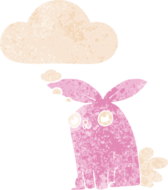 Düşünce baloncuklu çizgi film tavşanı grunge dertli eski moda bir insan tarafından çizilmiş.