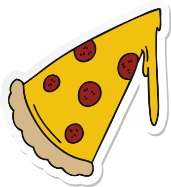 Bir insan tarafından çizilmiş tuhaf bir pizza diliminin çıkartması.