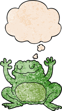 Bir insan tarafından çizilmiş grunge desenli düşünce baloncuğu olan çizgi film kurbağası.