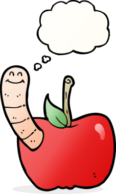 Bir insan tarafından çizilmiş düşünce baloncuğu solucanlı çizgi film elması