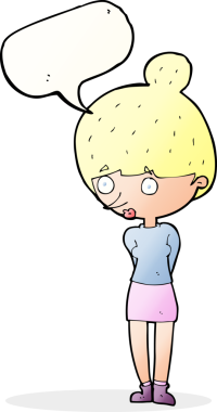 Bir insan tarafından çizilmiş bir konuşma balonuyla bakan çizgi film kadını.