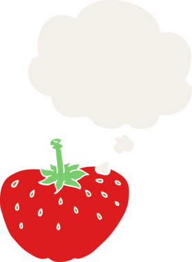 Düşünce baloncuklu karikatür çileği bir insan tarafından çizilmiş.