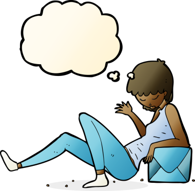 Bir insan tarafından çizilmiş düşünce baloncuğuyla paket kutusuna yaslanan çizgi film kadını.