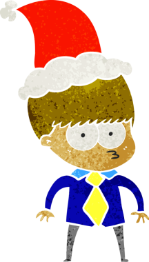 Tişört ve kravat takan, Noel Baba şapkası takan bir çocuğun eski bir çizgi filmini çizdi.