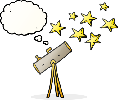 Düşünce baloncuklu teleskop ve bir insan tarafından çizilmiş yıldızlar.