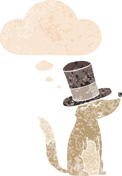 Çizgi film kurtlarının ıslık çalması, silindir şapka takması ve grunge 'de düşünce baloncuğu olması, bir insan tarafından çizilmiş, sıkıntılı, eski moda bir stil.