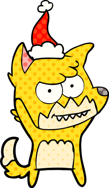 Bir insan tarafından çizilmiş Noel Baba şapkası giymiş bir tilkinin el çizimi çizgi roman tarzı çizimi.