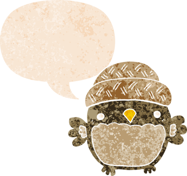 Şapkalı sevimli bir baykuş, grunge 'da konuşma baloncuğu olan sıkıntılı eski moda bir insan tarafından çizilmiş.