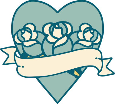 İkonik dövme stili bir kalp ve bir insan tarafından çizilmiş çiçekli pankart.