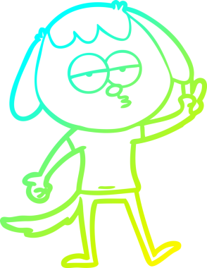 Bir insan tarafından çizilmiş bir çizgi film çizimi. Yorgun köpek barış işareti veriyor.