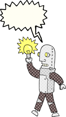 Bir insan tarafından çizilmiş ampullü çizgi roman konuşma balonu çizgi film robotu.