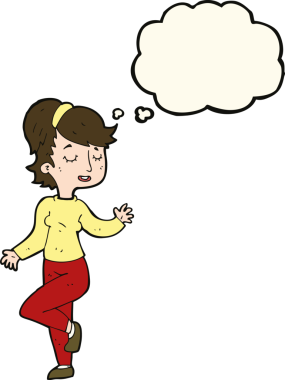 Bir insan tarafından çizilmiş düşünce balonlu çizgi film dansçısı kadın.