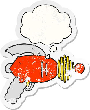 Düşünce baloncuklu karikatür ışın tabancası insan tarafından çizilmiş yıpranmış bir çıkartma gibi.