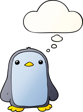 Bir insan tarafından çizilmiş yumuşak eğimli düşünce kabarcığı olan sevimli penguen çizgi filmi.