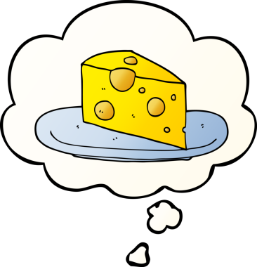 Düşünce baloncuklu çizgi film peyniri bir insan tarafından çizilmiş.