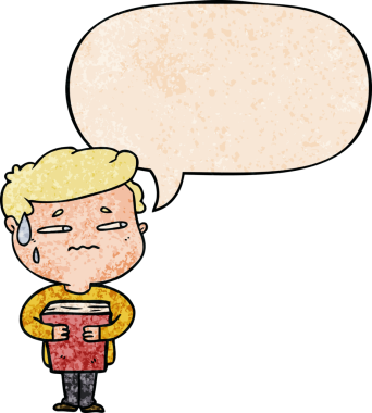 Çizgi film karakteri endişeli çocuk konuşma baloncuğu taşıyan eski moda bir insan tarafından çizilmiş bir kitap taşıyor.