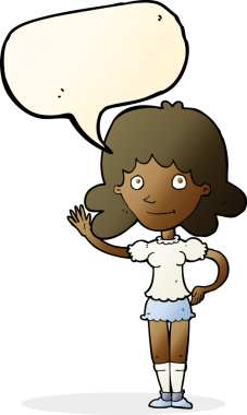 Bir insan tarafından çizilmiş bir konuşma balonuyla el sallayan çizgi film kadını.