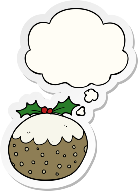 Düşünce baloncuklu noel pudingi insan tarafından çizilmiş bir çıkartma.