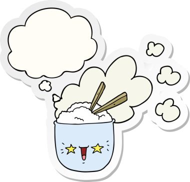 Düşünce baloncuklu tatlı karikatür sıcak pirinç kasesi bir insan tarafından çizilmiş çıkartma gibi.