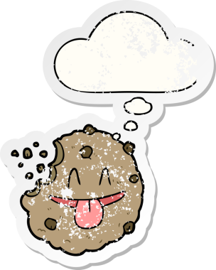 Düşünce baloncuklu çizgi film kurabiyesi insan tarafından çizilmiş yıpranmış bir çıkartma.