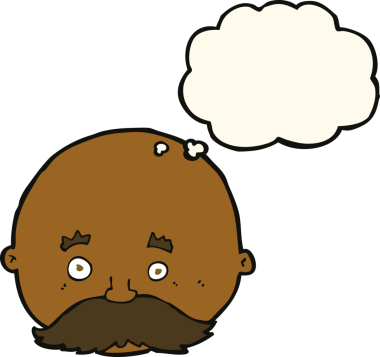 Düşünce baloncuğu çizilmiş bıyıklı kel bir adam.