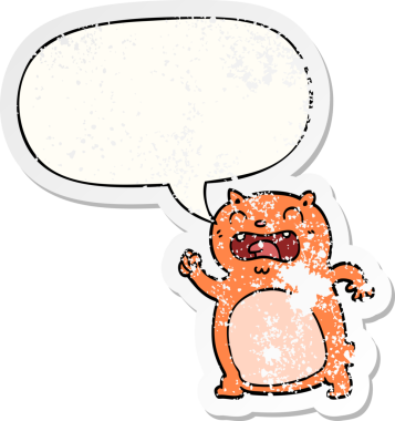 Konuşma baloncuğu olan çizgi film kedisi bir insan tarafından çizilmiş sıkıntılı eski bir çıkartma