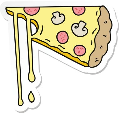 Bir insan tarafından çizilmiş tuhaf bir el çizimi peynirli pizza çıkartması.