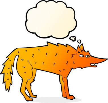 Bir insan tarafından çizilmiş düşünce baloncuklu çizgi film tilkisi.