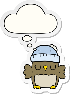 Düşünce baloncuklu şapkalı şirin baykuş bir insan tarafından çizilmiş bir çıkartma.