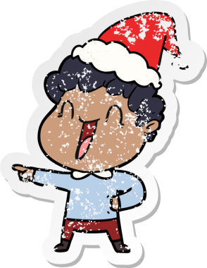 Bir insan tarafından çizilmiş Noel Baba şapkası giymiş mutlu bir adamın el çizimi çıkartması.