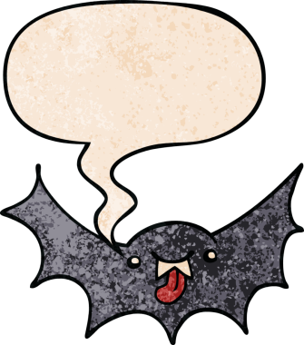 Bir insan tarafından çizilmiş eski tarz konuşma baloncuklu vampir yarasa çizgi filmi.