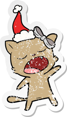 Bir insan tarafından çizilmiş Noel Baba şapkası giymiş şarkı söyleyen bir kedinin çizilmiş el yazısı.