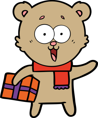 Bir insan tarafından çizilmiş Noel hediyeli gülen oyuncak ayı.